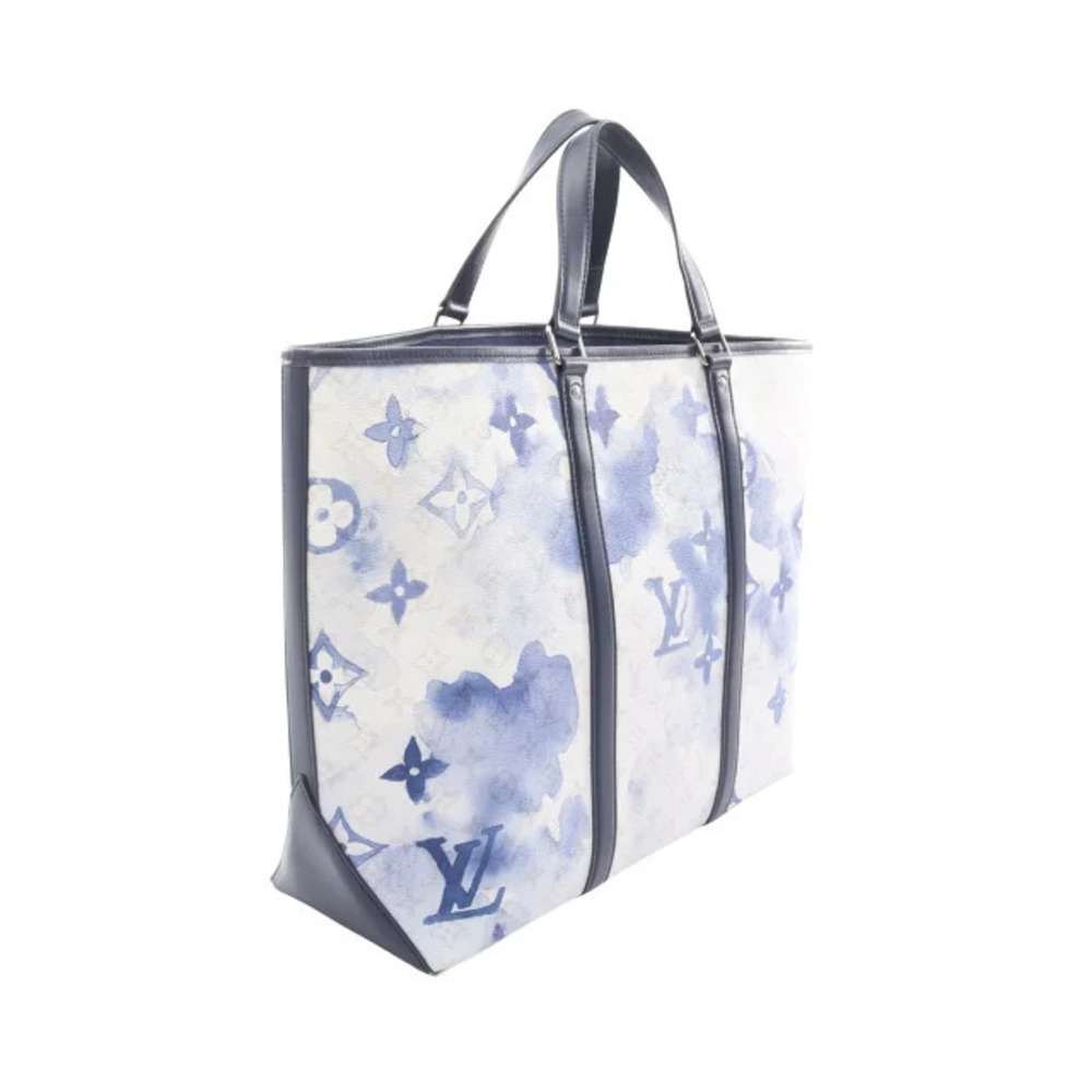 Louis Vuitton Blue Monogram White Weekend Canvas Bag Tote Watercolor Leather